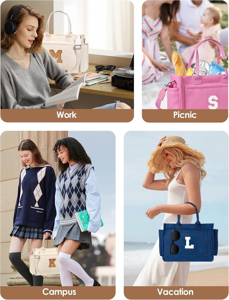 Freesya Store Birthday Gifts for Women Teen Girls, Initial Tote Bag with Zipper, Letter Canvas Tote Purse for College Work Laptop - Image 4